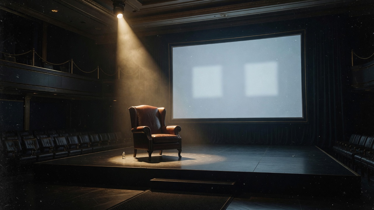 An empty stage and a vacant founder chair under a spotlight